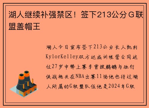 湖人继续补强禁区!签下213公分G联盟盖帽王 湖人继续补强禁区!签下213公分G联盟盖帽王